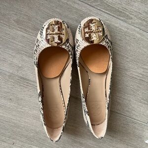 Tory Burch Neutral Snake-Print Reva Flats with Gold Logo